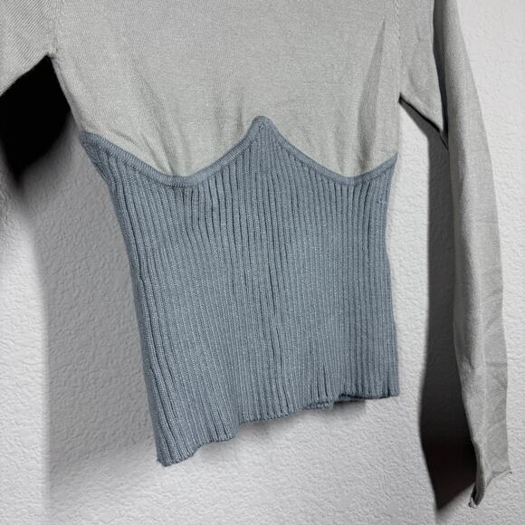 Zara Size Small Sweater Mock Neck Gray Corset Style Knit Two Toned Long Sleeves - Picture 5 of 10